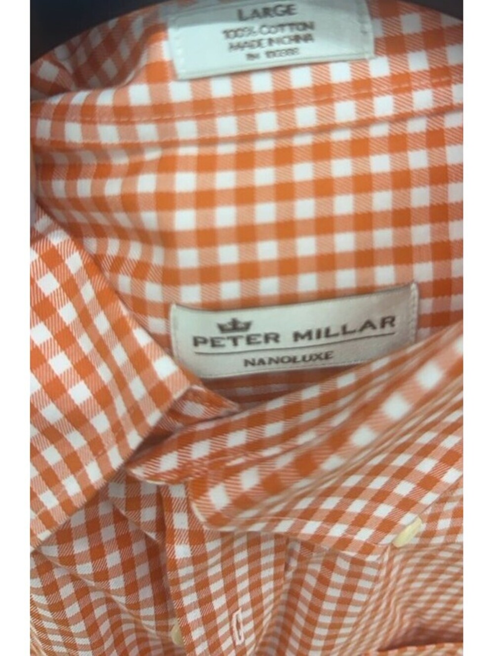 Peter Millar Dress Shirt Mens Sz L Nanoluxe Button White orange Check 100%Cotton